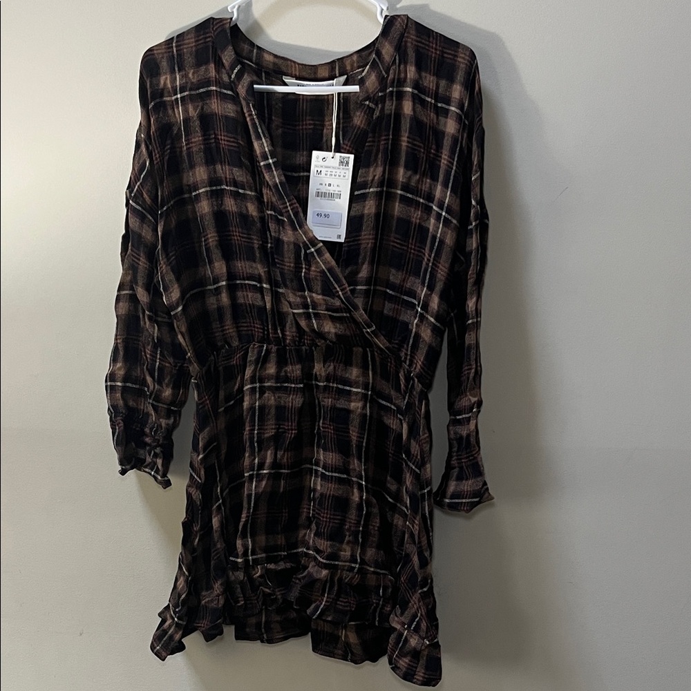 Zara Plaid Faux Wrap Dress - Black and Brown